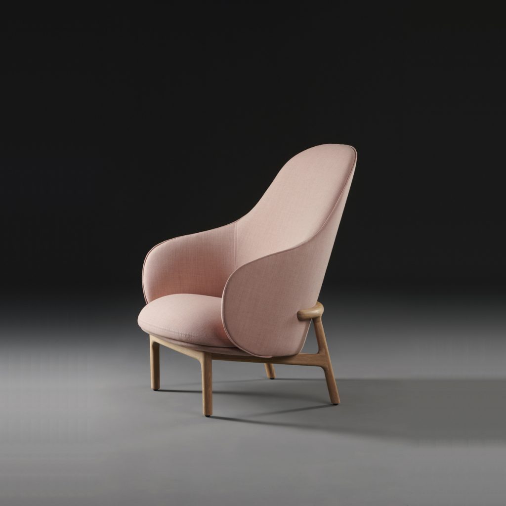 Sillón Mela Lounge Alto en madera maciza y tapicería de alta calidad para Artisan. Realizado por Regular Company en Europa