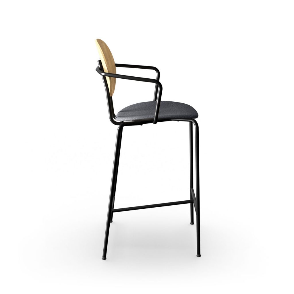 Silla de bar danesa Piet Hein superelíptica con reposabrazos fabricada por Sibast en Europa, gran calidad en madera, acero y tapicería