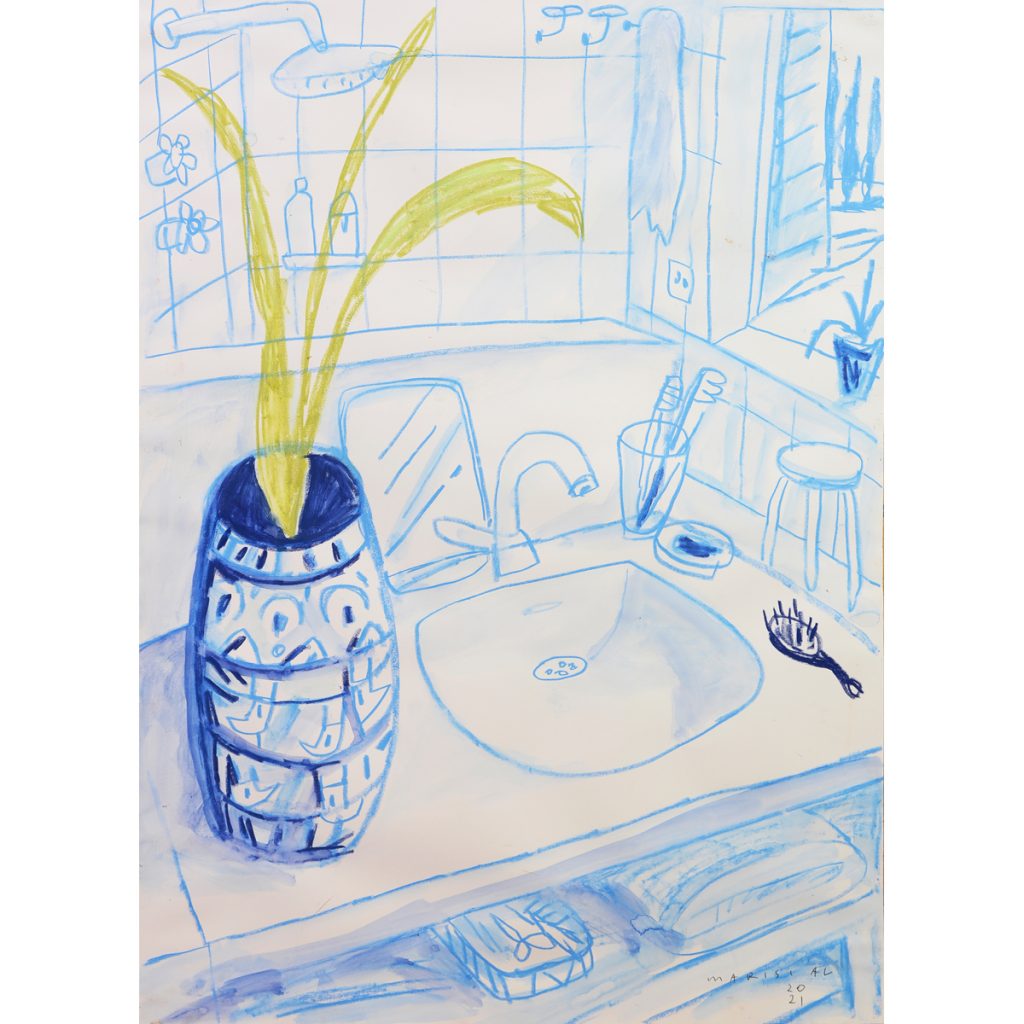 El baño de nosotras. Javier Mariscal, 2021. Acuarela y pastel sobre papel. 70 x 100 cm.