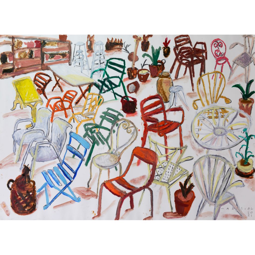 Sillas esperando. Javier Marisacal, 2021. Óleo/papel. 70x100cm.