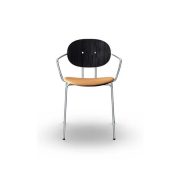 Silla PIET HEIN estructura cromada con brazos. Asiento cuero y respaldo de madera.