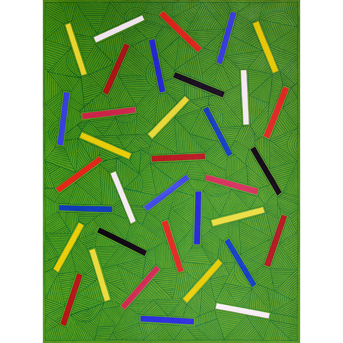 Alfredo Alcain. Palitos de colores sobre verde, 2017.