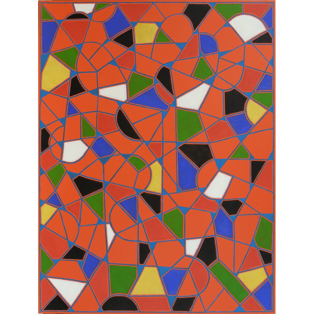 Alfredo Alcain. Triangulitos azules sobre bermellón, 2016. Óleo/tela.