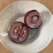 Carmen Pinart. Cebolla partida, 2025. Óleo sobre macizo de madera de roble.