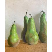 Carmen Pinart. Peras, 2025.Óleo sobre macizo de madera de roble.