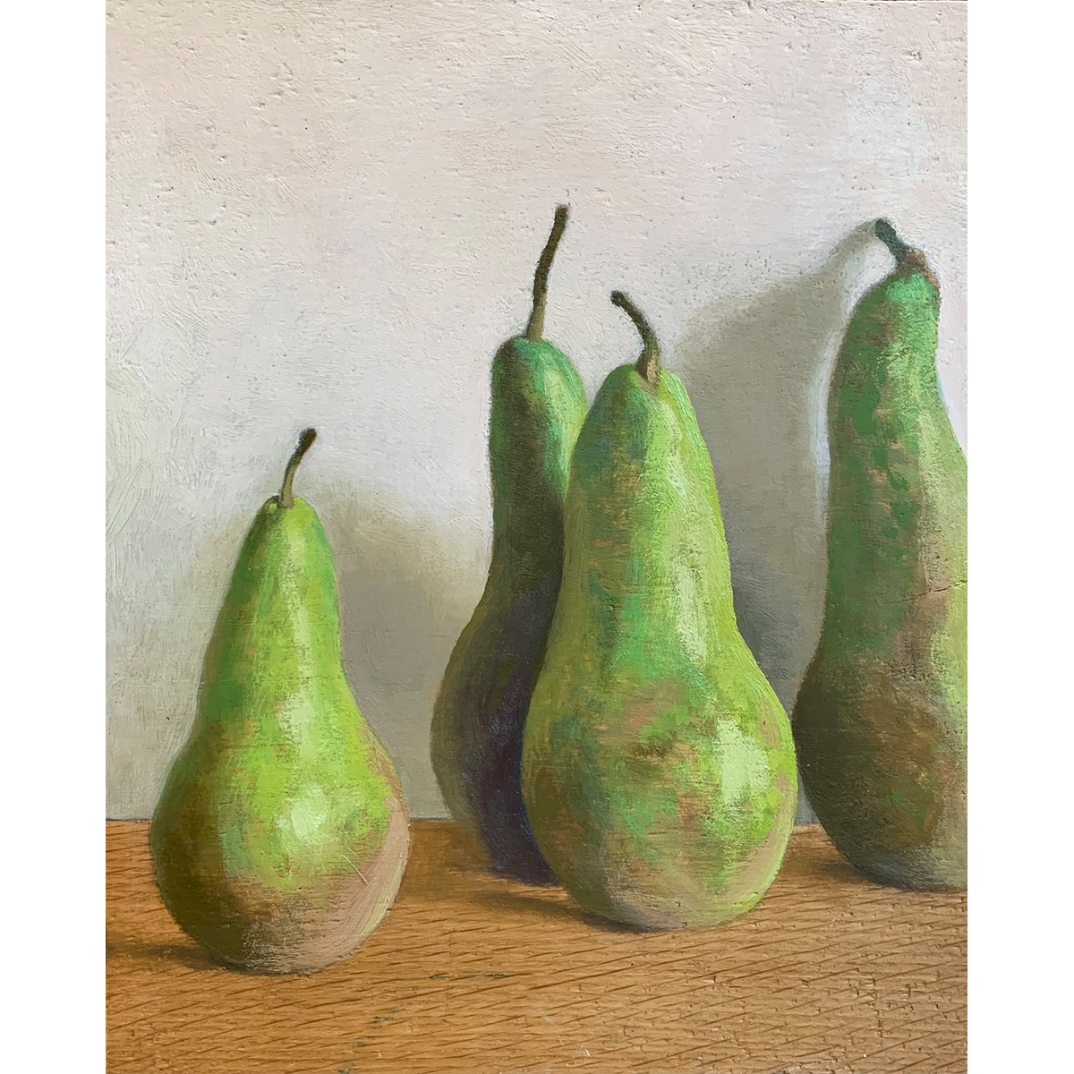 Carmen Pinart. Peras, 2025.Óleo sobre macizo de madera de roble.