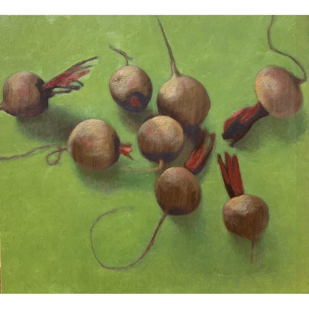 Carmen Pinart. Remolachas, 2025. Óleo sobre macizo de madera de nogal.