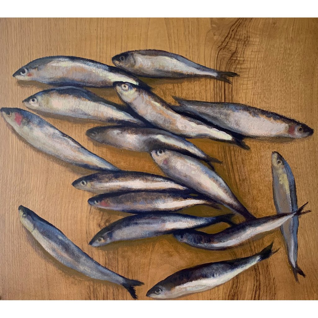 Carmen Pinart. Sardinas de Barbate, 2025. Óleo sobre macizo de madera de roble.