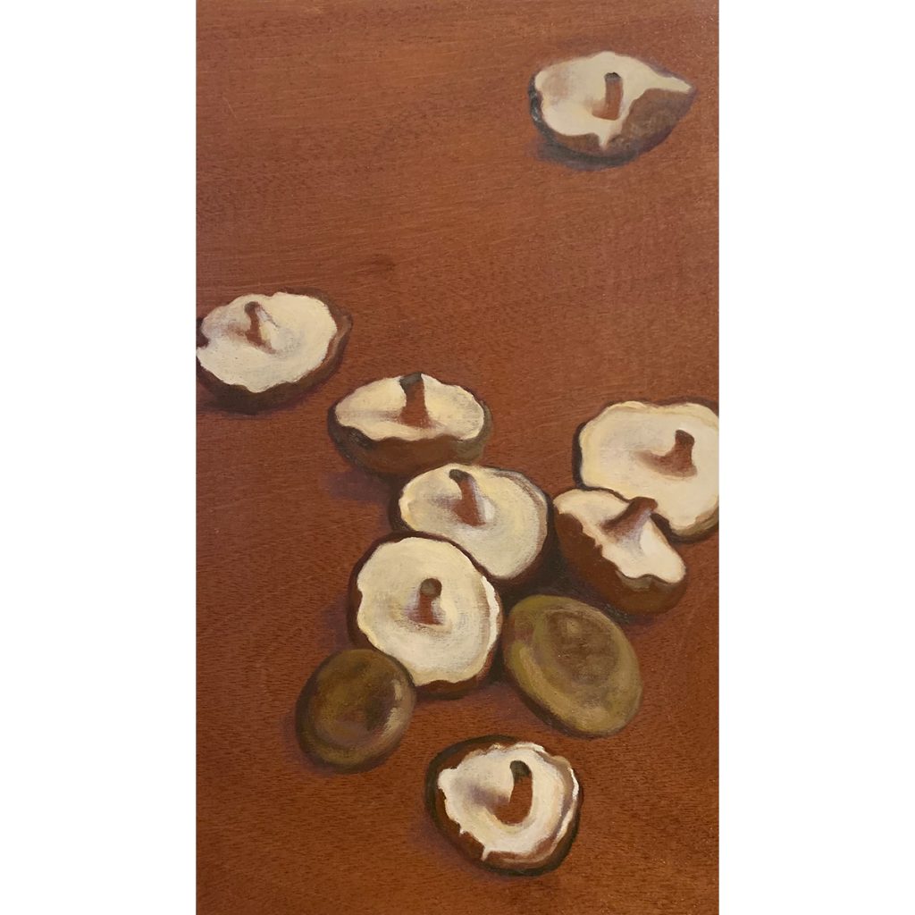 Carmen Pinart. Setas Shiitake, 2025. Óleo sobre madera maciza de caoba.