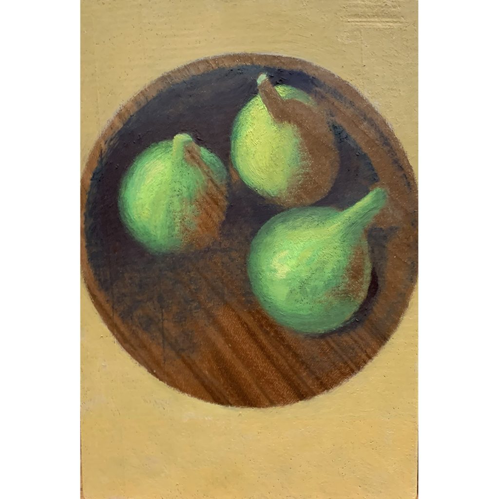 Carmen Pinart. Tres higos, 2025. Óleo sobre macizo de madera de nogal.