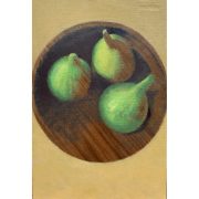Carmen Pinart. Tres higos, 2025. Óleo sobre macizo de madera de nogal.