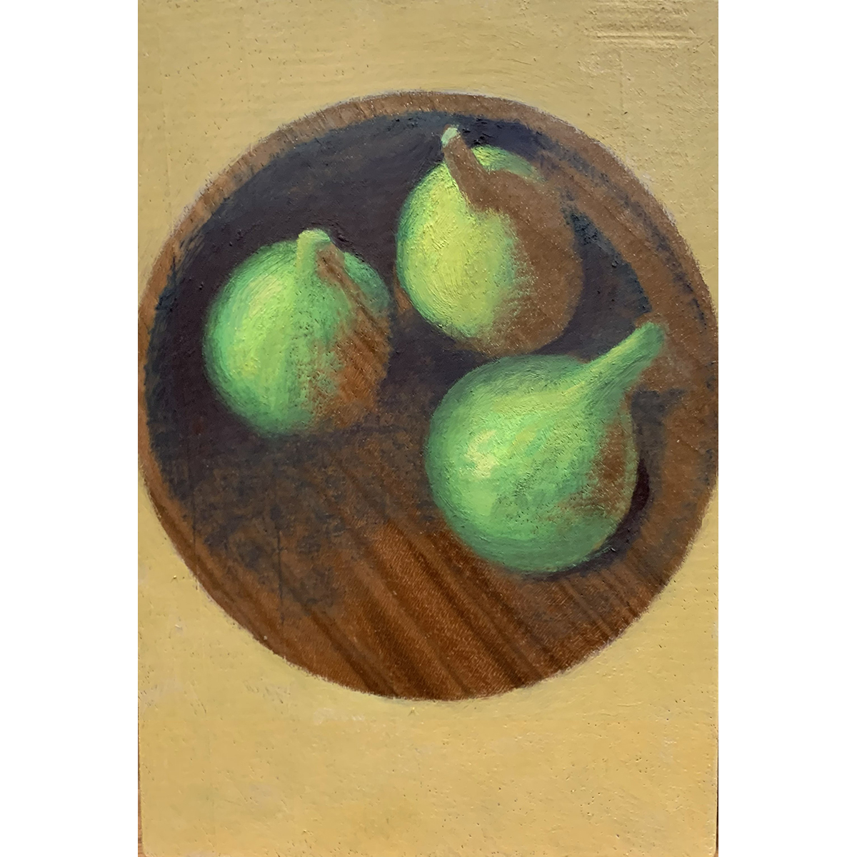 Carmen Pinart. Tres higos, 2025. Óleo sobre macizo de madera de nogal.
