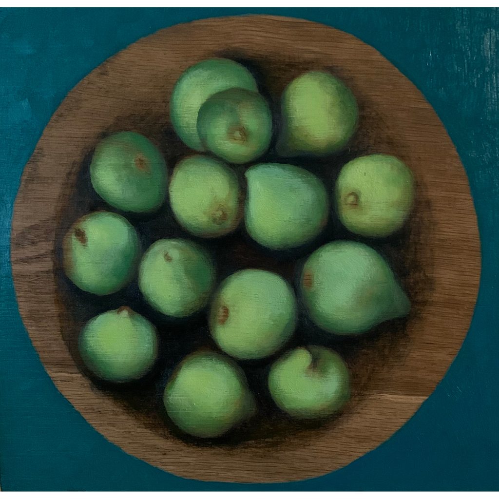 Carmen Pinart. Higos en cuenco, 2023. Óleo sobre macizo de madera de roble.