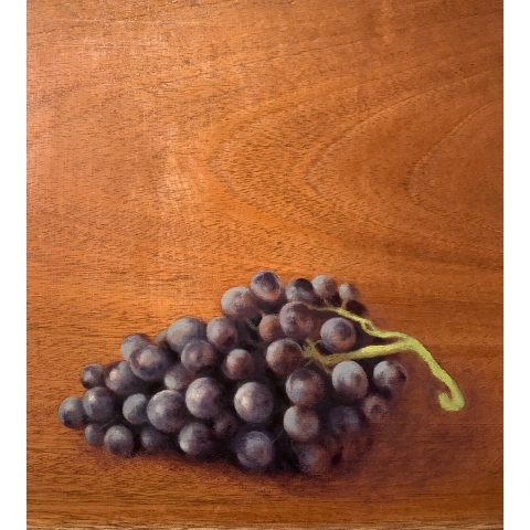 Carmen Pinart. Racimo de uvas, 2025. Óleo sobre macizo de madera de caoba.
