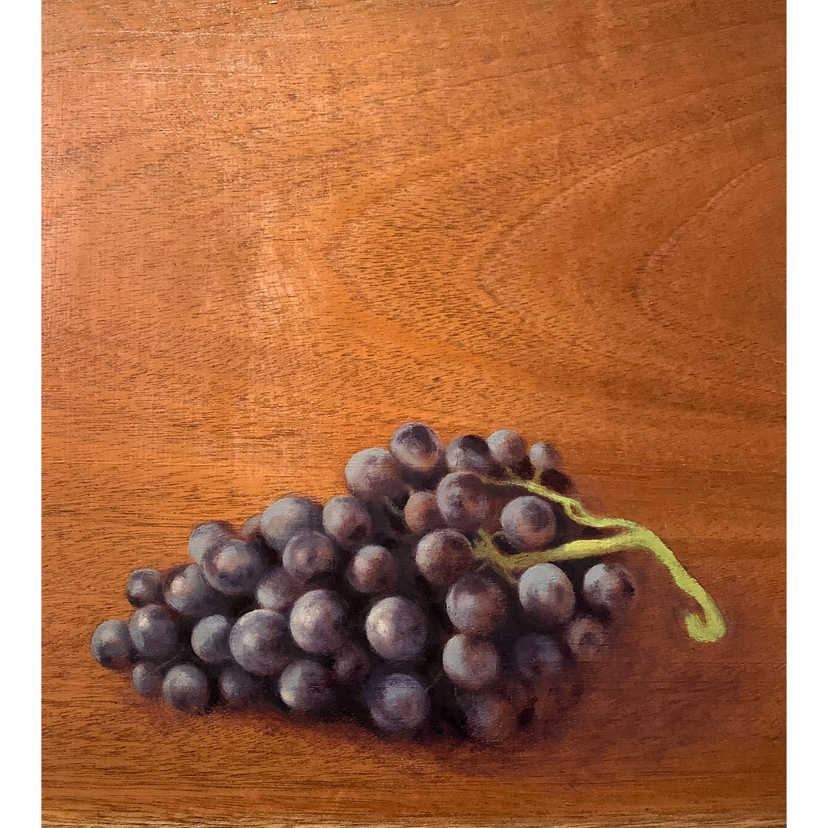 Carmen Pinart. Racimo de uvas, 2025. Óleo sobre macizo de madera de caoba.