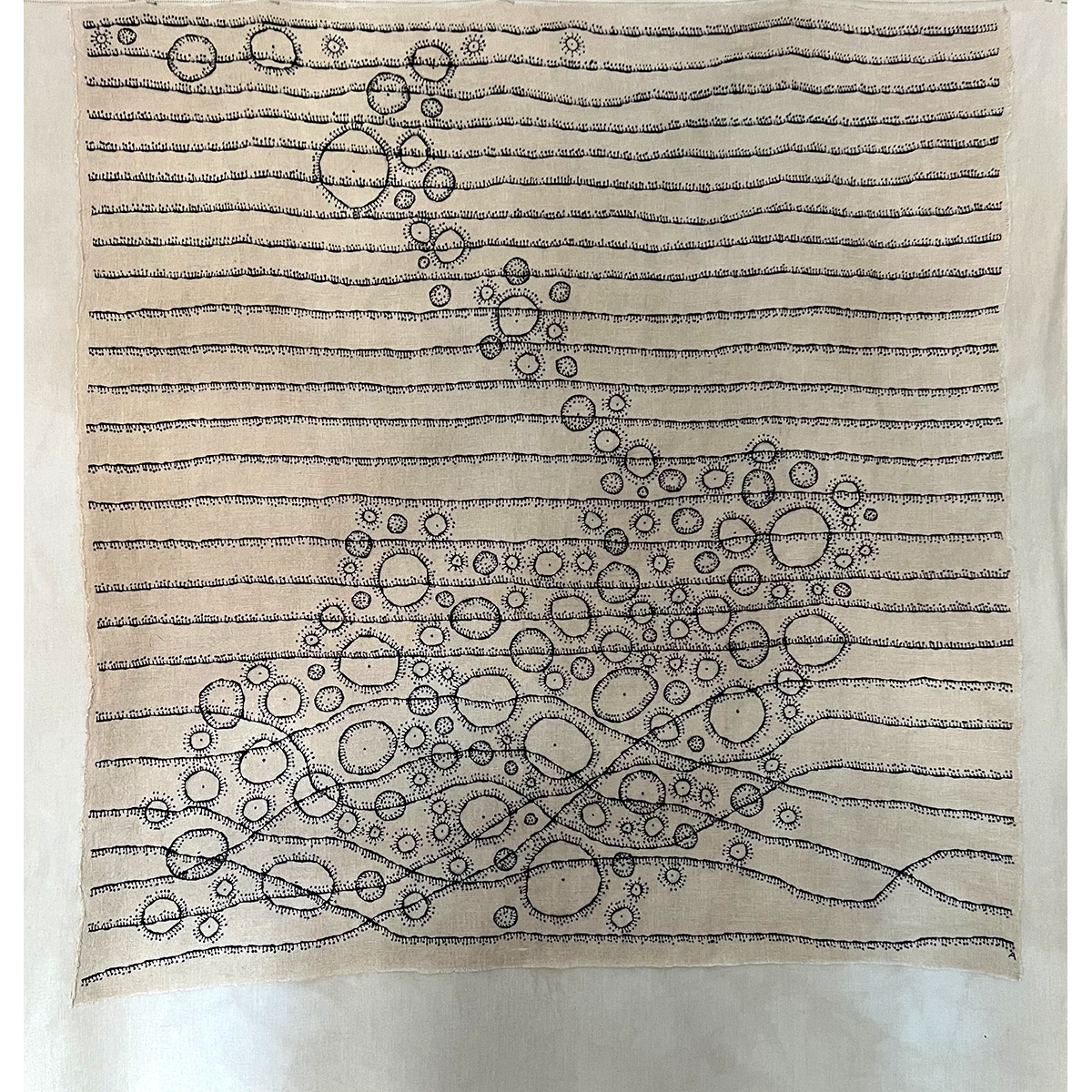 Amparo de la Sota. Texto X, 2024. Bordado a mano sobre tela antigua. Lino y algodón.