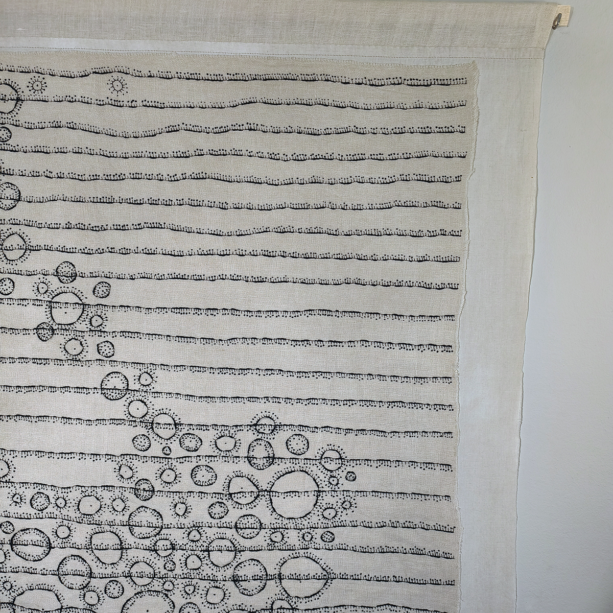 Amparo de la Sota. Texto X, 2024. Bordado a mano sobre tela antigua. Lino y algodón. Detalle