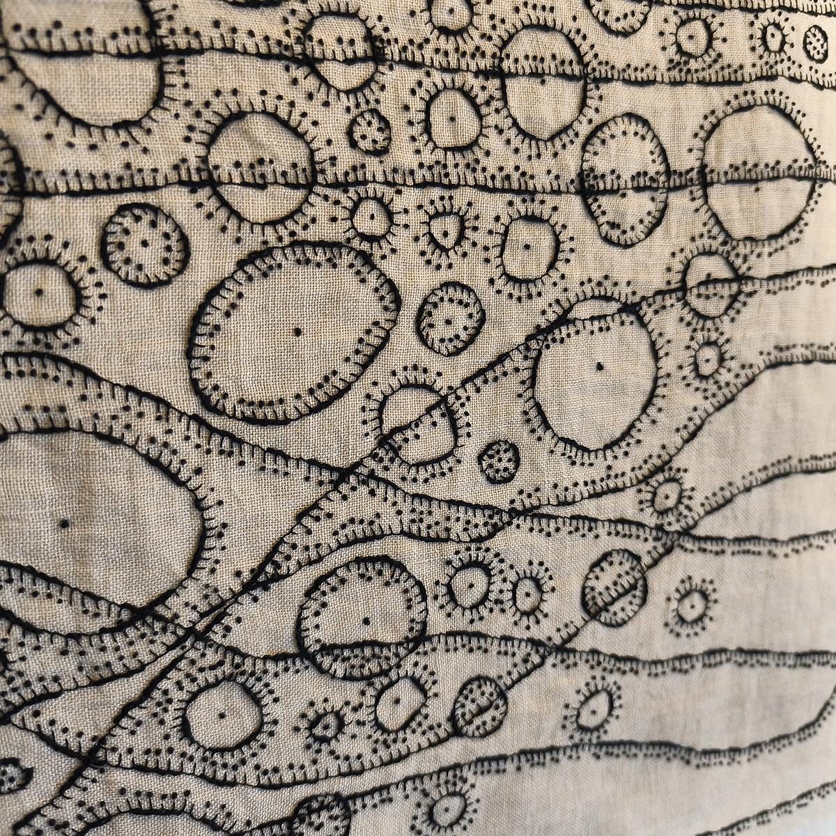 Amparo de la Sota. Texto X, 2024. Bordado a mano sobre tela antigua. Lino y algodón. Detalle