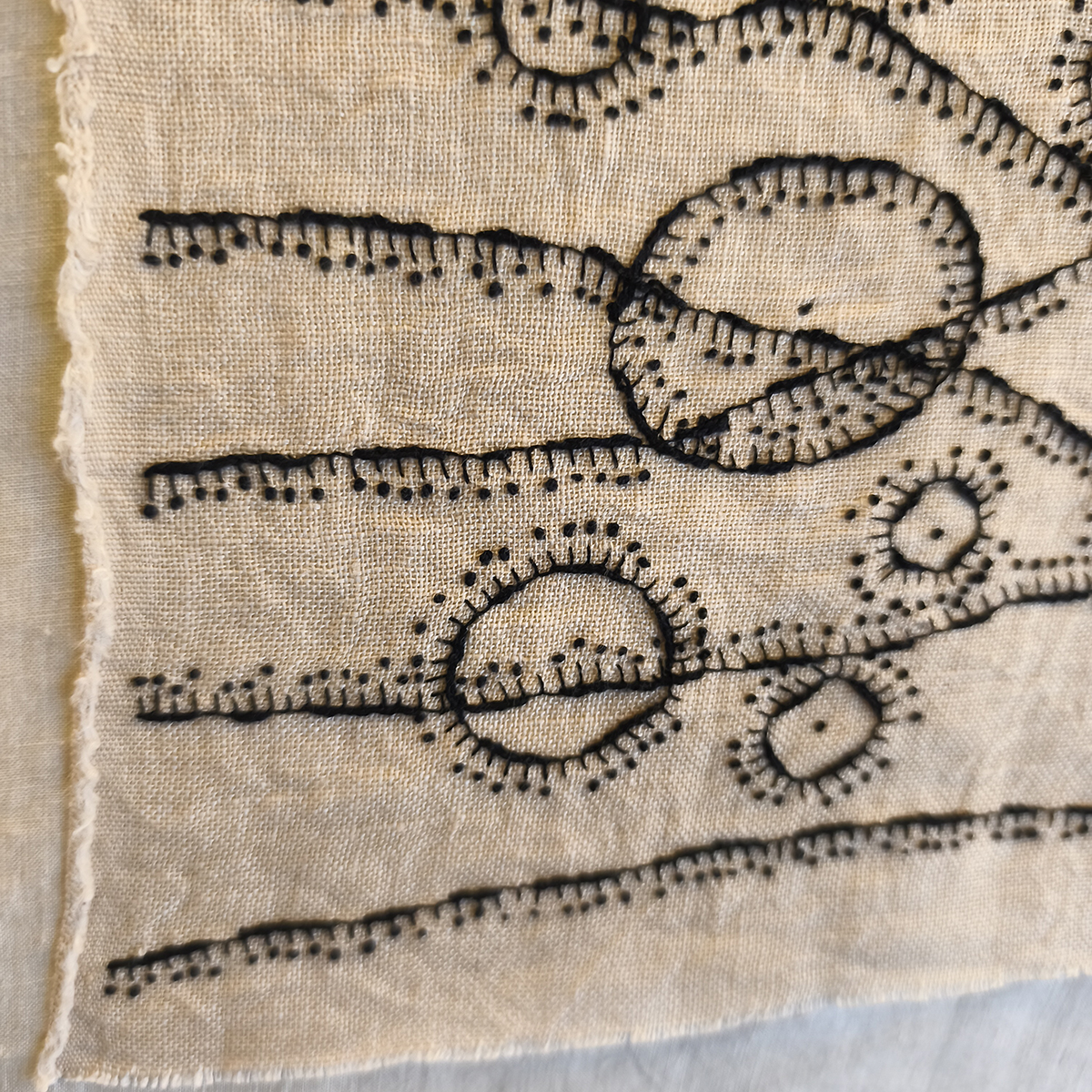 Amparo de la Sota. Texto X, 2024. Bordado a mano sobre tela antigua. Lino y algodón. Detalle